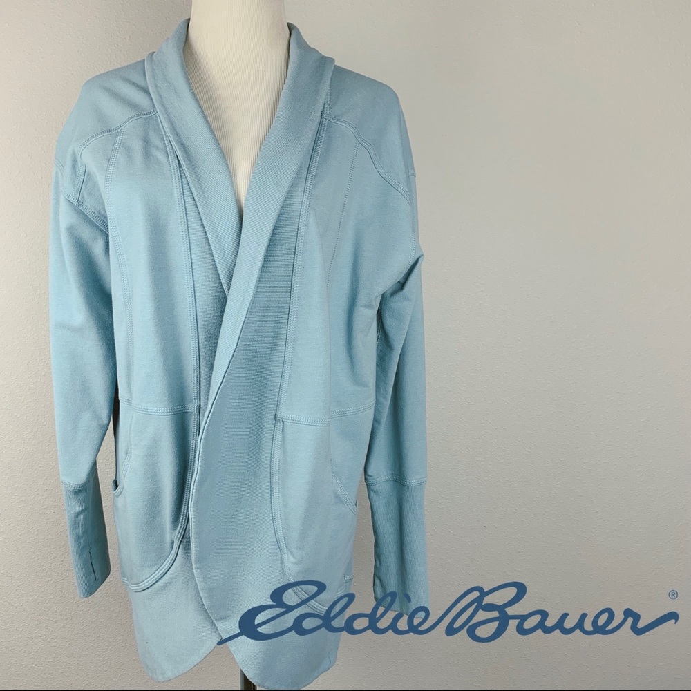 Eddie Bauer Womens Light Blue Open Front French Terry Cardigan Wrap Size M